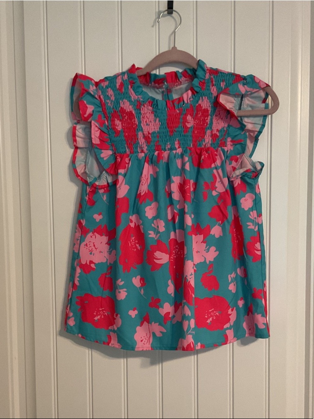 SHEIN Teal Floral Ruffle-Sleeve Blouse with Pink & Red Flowers